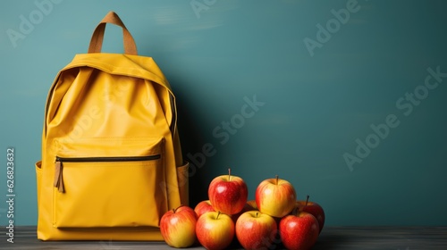 Minimalistic Setup of Yellow Backpack with Red Apple, Pens, Notebooks, Ruler, Eraser on Pale Blue Background - Generative AI Illustration