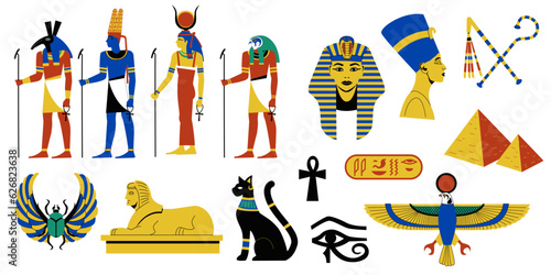 Egyptian mythology collection. Ancient Egyptian religion and archeology, hieroglyphic symbols of ancient pharaohs gods and goddesses. Vector set