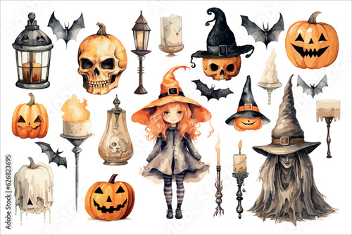 Vintage Halloween illustration with pumpkins, witches, bats and decor elements