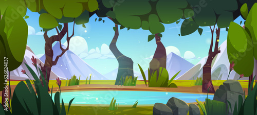 Clear blue lake in forest at foot of mountains. Vector cartoon illustration of beautiful natural landscape with tall trees, spring flowers, green bushes and stones around pond. Travel game background