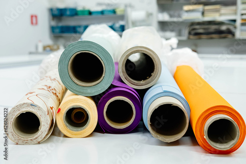 Rolls of fabric for roller blinds are in production
