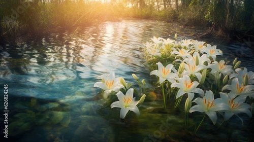 Flowers in the Sun Along the Mountain Stream. Generative AI
