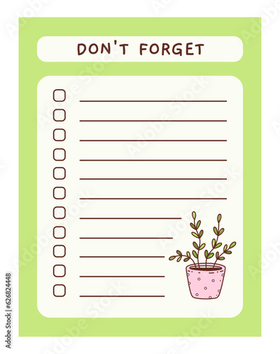 Cute to do list template with floral element. Funny design of daily planner, schedule or checklist. Perfect for planning, memo, notes and self-organization. Vector hand-drawn illustration.