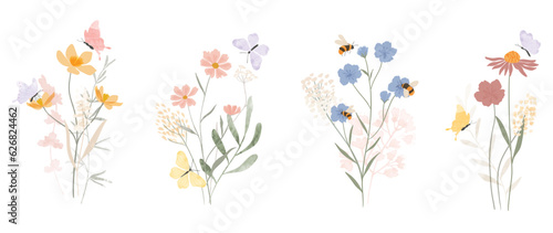 Set of botanical bouquet vector element. Collection of butterfly, bee, flowers, wildflowers, leaves branch. Watercolor floral illustration design for logo, wedding, invitation, decor, print. 