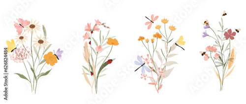 Set of botanical bouquet vector element. Collection of dragonfly, ladybug, butterfly, bee, flowers, wildflowers. Watercolor floral illustration design for logo, wedding, invitation, decor, print. 