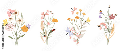 Set of botanical bouquet vector element. Collection of dragonfly, ladybug, butterfly, bee,  flowers, wildflowers. Watercolor floral illustration design for logo, wedding, invitation, decor, print. 