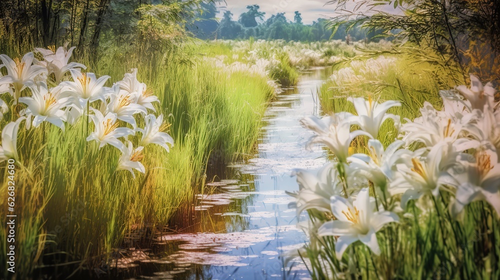 Flowers in the Sun Along the Mountain Stream. Generative AI Flowers in the Sun Along the Mountain Stream. Generative AI