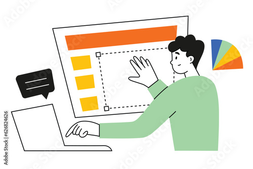 Student learning web design, digital professions online courses, hand drawn composition with website page and color pallette, web designer internet classes, distant education vector illustration