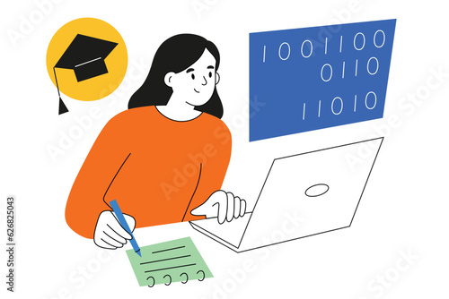 Cartoon woman learning to code, online courses concept, education in IT, digital professions, programmer working on laptop, binary code on screen, vector illustration of information technology classes