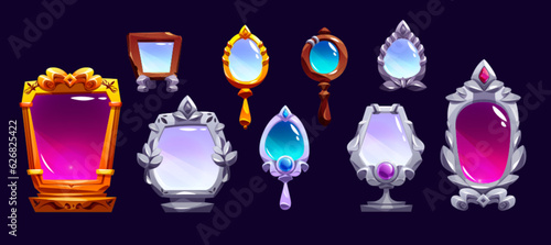 Cartoon set of ancient mirrors in silver, golden, wooden frame isolated on background. Vector illustration of vintage glass accessory decorated with luxury gemstones. Magic fortunetelling game asset