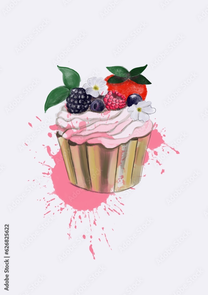 Cupcake with berries on the splashes background Cupcake with berries on the splashes background