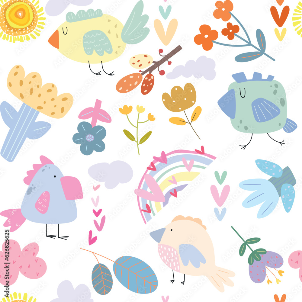 Seamless pattern with cute birds, cartoon flowers, rainbows, clouds, sun, hearts. Vector illustration.