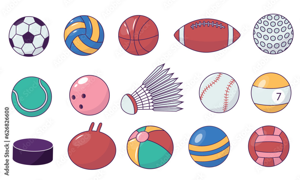 Game ball colletion. Cartoon billiard football and ping-pong balls, leisure sports equipment, flat colorful collection of spheres. Vector isolated set