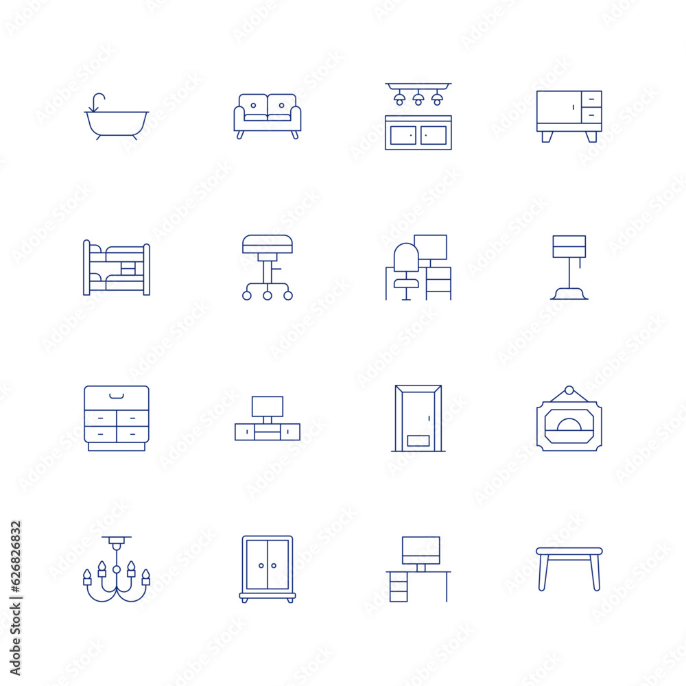Home furniture line icon set on transparent background with editable stroke. Containing bath, sofa, countertop, furniture, bunk bed, stool, workplace, lamp, cabinet, tv table, door, picture.