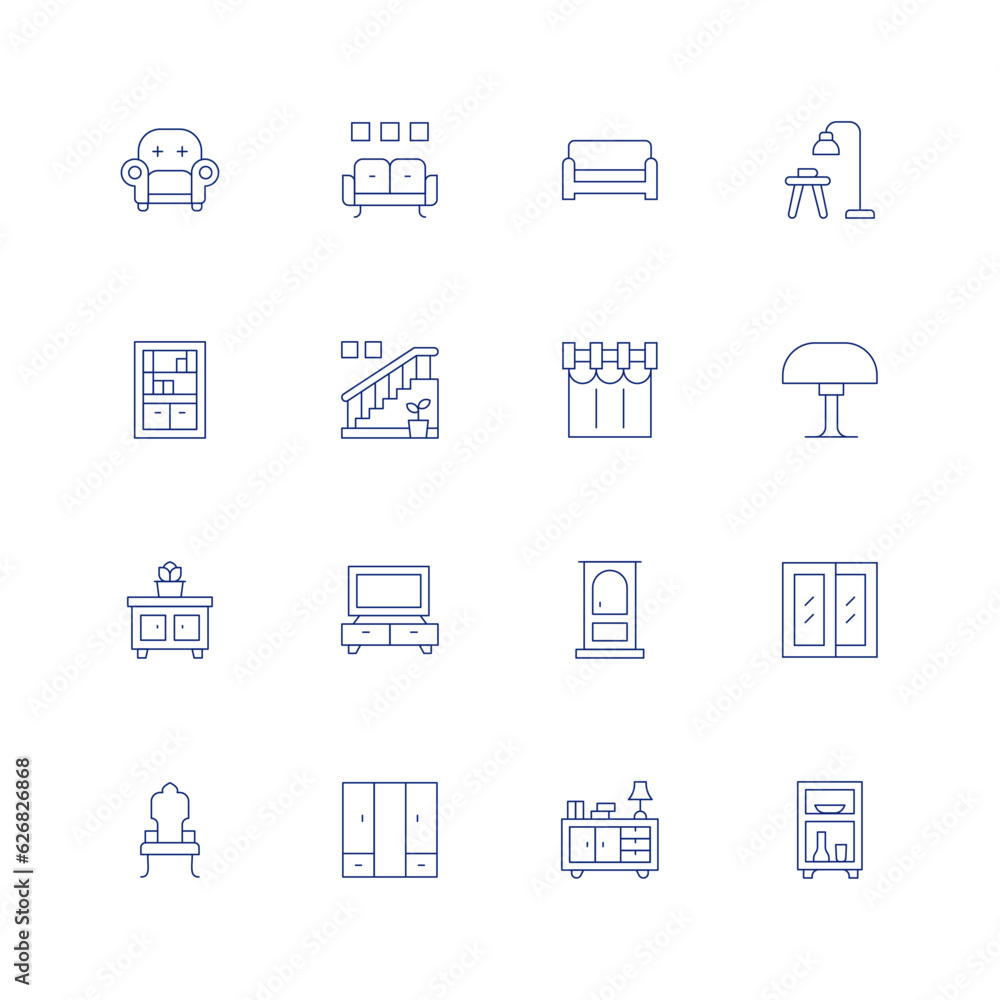 Home furniture line icon set on transparent background with editable stroke. Containing armchair, sofa, couch, floor lamp, bookcase, stairs, curtains, lamp, cabinet, tv, door, window, chair, wardrobe.
