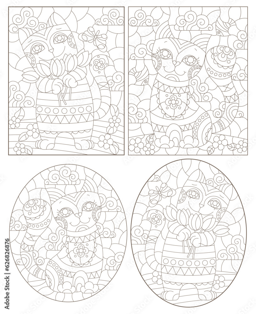 Naklejka premium Set of contour illustrations in stained glass style with cute cartoon cats, dark outlines on a white background