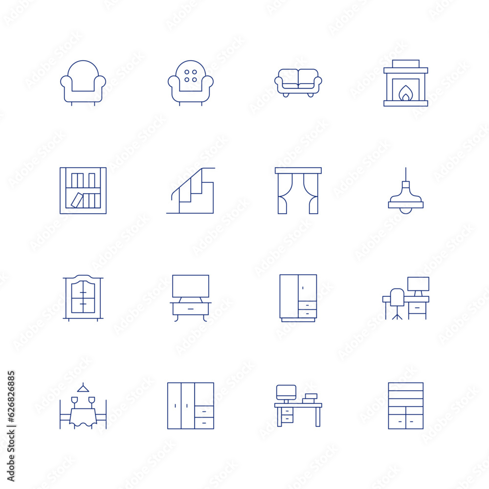Home furniture line icon set on transparent background with editable stroke. Containing armchair, sofa, couch, fireplace, book shelf, stairs, curtains, lamp, cabinet, tv, wardrobe, office, chair.