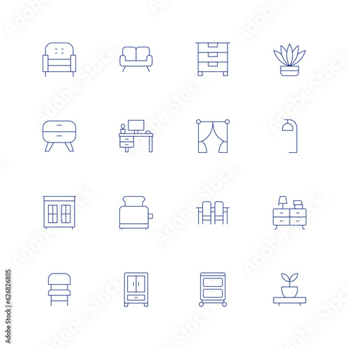 Home furniture line icon set on transparent background with editable stroke. Containing armchair, sofa, commode, fern, bedside table, workspace, curtain, lamp, cabinet, toaster, dinner table. © Spaceicon