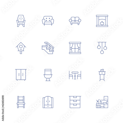 Home furniture line icon set on transparent background with editable stroke. Containing armchair, sofa, couch, fireplace, bird house, stairs, curtain, lamp, cabinet, toilet, dinner table, nightstand.