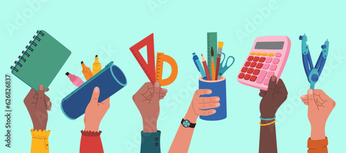 Diverse hands holding school supplies. Notebook, calculator, pens, rulers, pencil case, felt tip pens, scissors. Hand drawn vector illustration isolated on blue background, modern flat cartoon style.