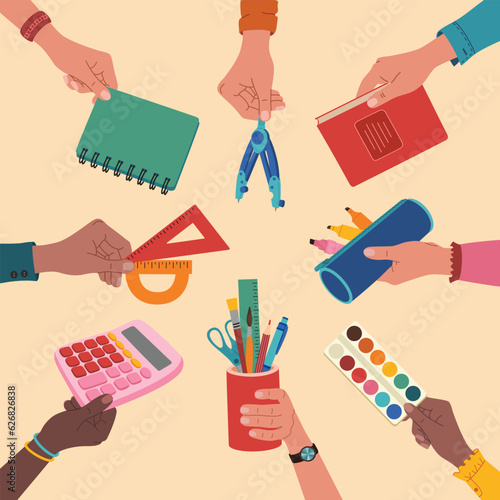 Set of diverse hands with school supplies. Textbook, calculator, pencil case, paints, pencils, markers, notebook. Hand drawn vector illustration isolated on light background, flat cartoon style.
