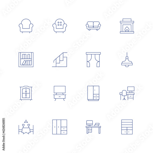 Home furniture line icon set on transparent background with editable stroke. Containing armchair, sofa, couch, fireplace, book shelf, stairs, curtains, lamp, cabinet, tv, wardrobe, office, chair.