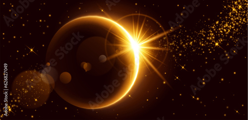 Golden light flare effect on black background. Vector realistic illustration of bright solar eclipse shimmering with multiple golden sparkles. Neon yellow ring shining in darkness. Magic energy