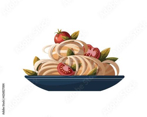 Plate of Italian pasta with tomatos. Italian cuisine, healthy food, cooking, restaurant menu, eating, recipes concept. Vector illustration for, poster, menu, cover, banner.