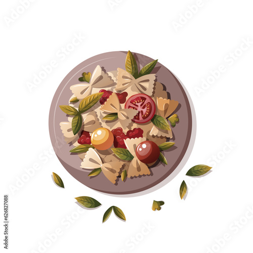 Plate of Italian pasta with tomatos. Italian cuisine, healthy food, cooking, restaurant menu, eating, recipes concept. Vector illustration for, poster, menu, cover, banner.