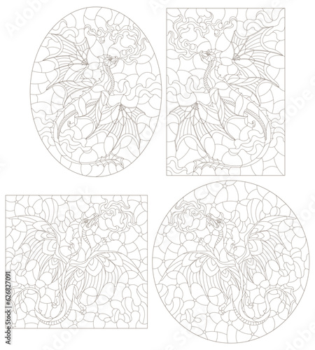 A set of contour illustrations in the style of stained glass with dragons, dark contours on a white background © Zagory
