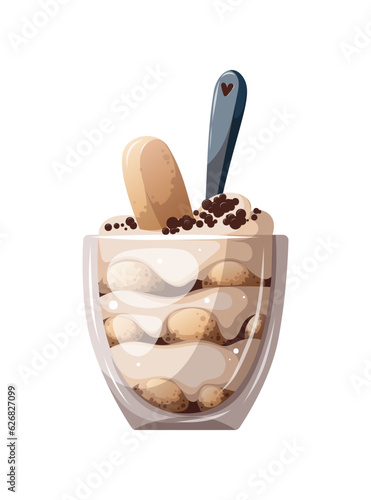Tiramisu in a glass cup, Italian dessert with savoiardi and mascarpone cream. Italian cuisine, sweet food, bakery, cooking, recipes, restaurant menu concept. Vector illustration.
