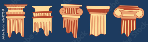 Ancient ruins. Classic stone pillars, antique architecture building columns, old greek exterior elements. Vector collection of roman building ancient pillar illustration.