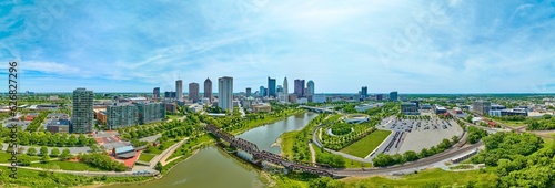 Aerial panorama wide view of Columbus Ohio with distant skyscrapers © Nicholas J. Klein
