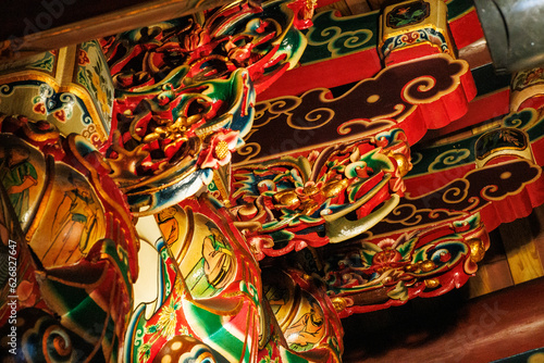 close-up of traditional decorations in old temple