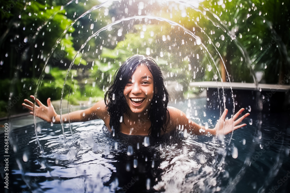 Fototapeta premium Jeune fille, femme se baignant et jouant avec l'eau et les éclaboussures - Générative IA