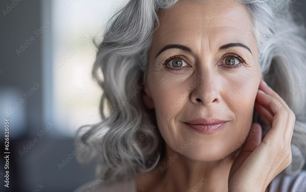Attractive aging woman with gray hair touching facial skin Attractive aging woman with gray hair touching facial skin
