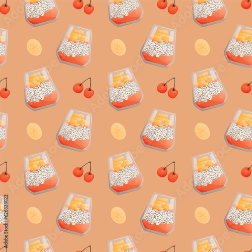 Seamless pattern with Sweet chia pudding in glass with fruit puree and fruits. Healthy eating, nutrition, diet, cooking, fresh food concept. Perfect for product design, scrapbooking, textile, wrapping