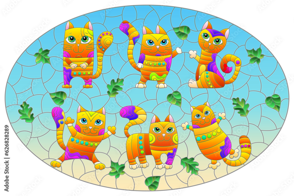 An illustration in the style of a stained glass window with bright cartoon cats on a background of blue sky and leaves in a bright frame An illustration in the style of a stained glass window with bright cartoon cats on a background of blue sky and leaves in a bright frame
