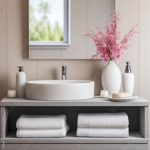 modern minimalistic white bathroom with cosmetics products and plants