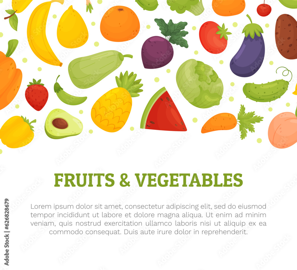 Fruit and Vegetable Banner Design with Ripe Garden Crop Vector Template