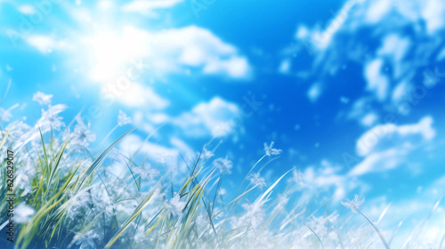 Grass and blue sky with clouds. Nature background