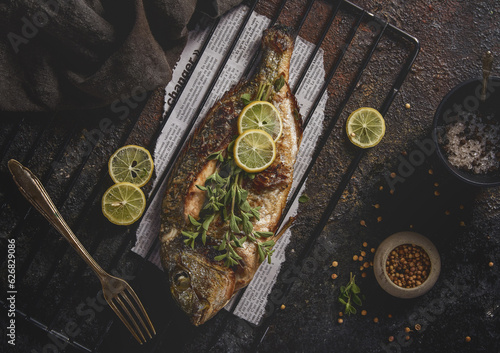 A grilled fish on a rustic wooden surface