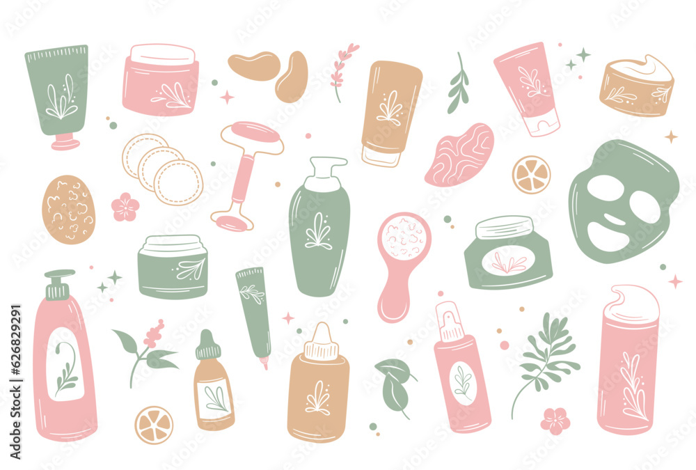 Skincare spa products set korean bottles and tubes natural cosmetic hand drawn Skincare spa products set korean bottles and tubes natural cosmetic hand drawn