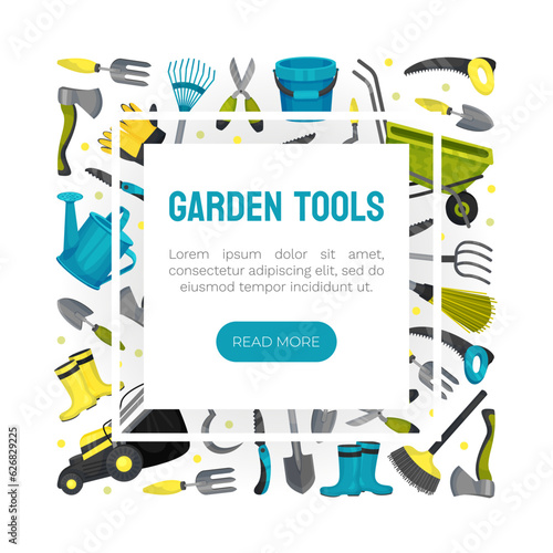 Garden Tools Banner Design with Handy Instrument Vector Template