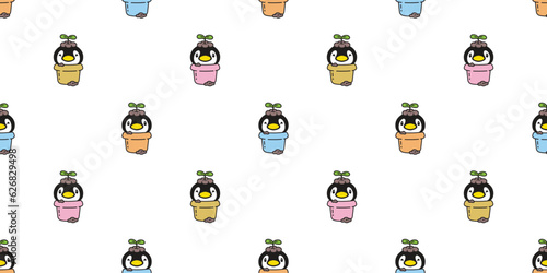 penguin seamless pattern flower plant pot bird duck cartoon vector gift wrapping paper repeat wallpaper tile background illustration scarf isolated design