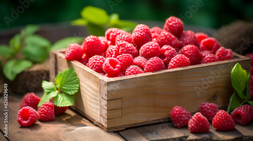 A wooden box filled with fresh raspberries in natural sunlight