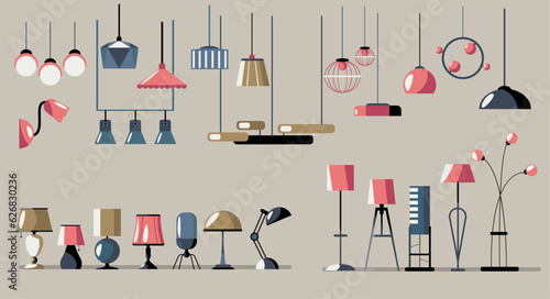 Interior lamps collection. Cartoon table lamps and floor lamps, home and office illumination, trendy decorative light bulbs. Vector isolated set