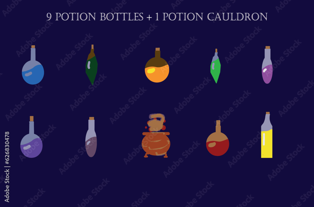 Set of 9 Potion Bottles and 1 Potion Cauldron - Game Development Set of 9 Potion Bottles and 1 Potion Cauldron - Game Development