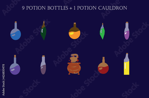 Set of 9 Potion Bottles and 1 Potion Cauldron - Game Development