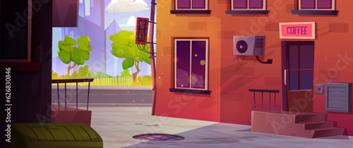 Cartoon cafe door on sunny back city street alley background. Brick building wall in alleyway game scene near road in downtown. Urban quiet backstreet exterior with window and entrance to cafeteria